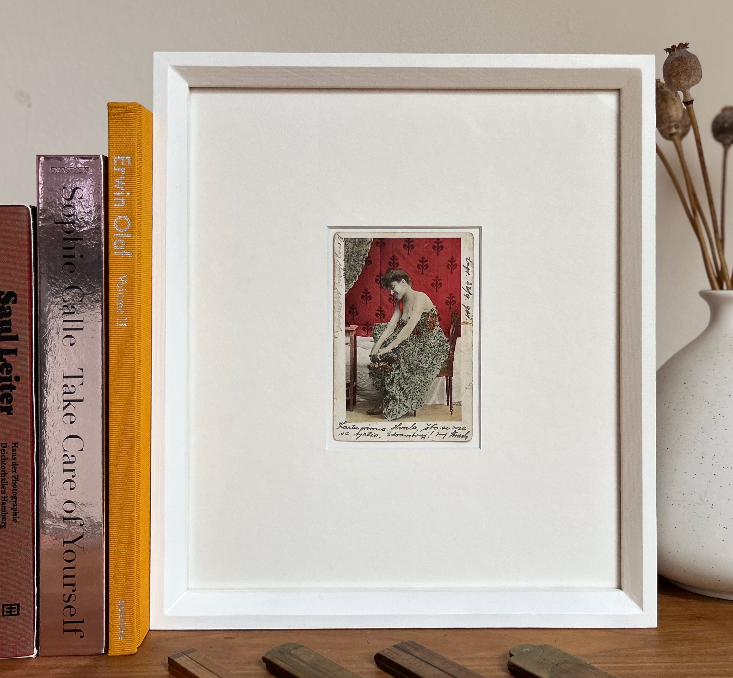 Showing off my inner sparkle - Rare Vintage Color Photographic Postcard with Glitter — a candid moment of a lady in a state of undress (or dressing) - Handcrafted Frame & Custom Matte — Circa 1910s–1920s