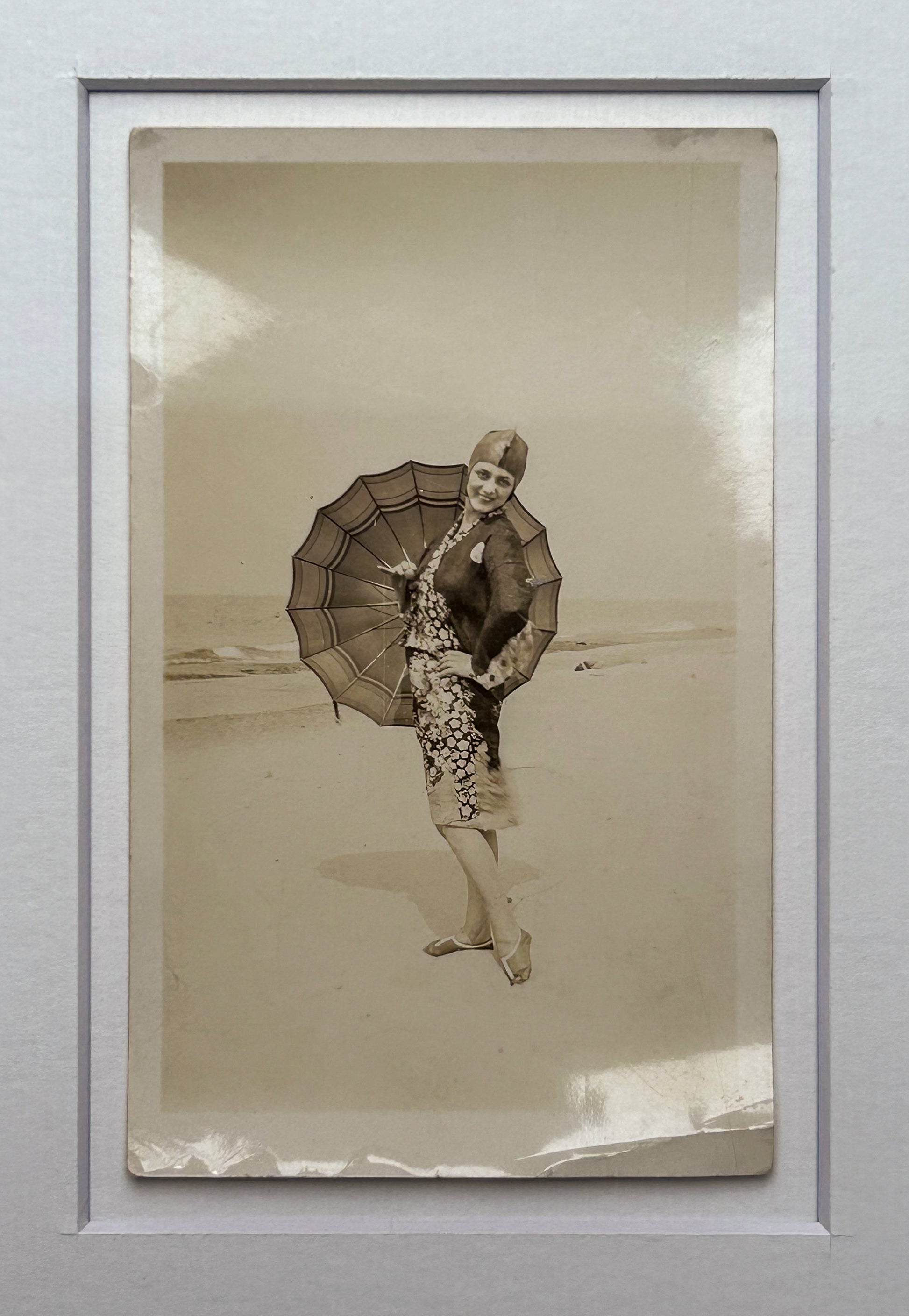A friend when the sky cries - Vintage 1915 Sepia-Toned Photograph — Woman on Beach with Parasol — Handcrafted Frame & Custom Matte