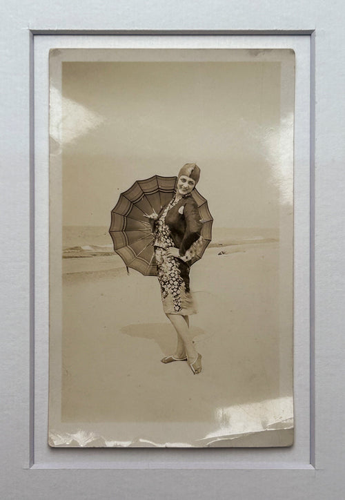 A friend when the sky cries - Vintage 1915 Sepia-Toned Photograph — Woman on Beach with Parasol — Handcrafted Frame & Custom Matte