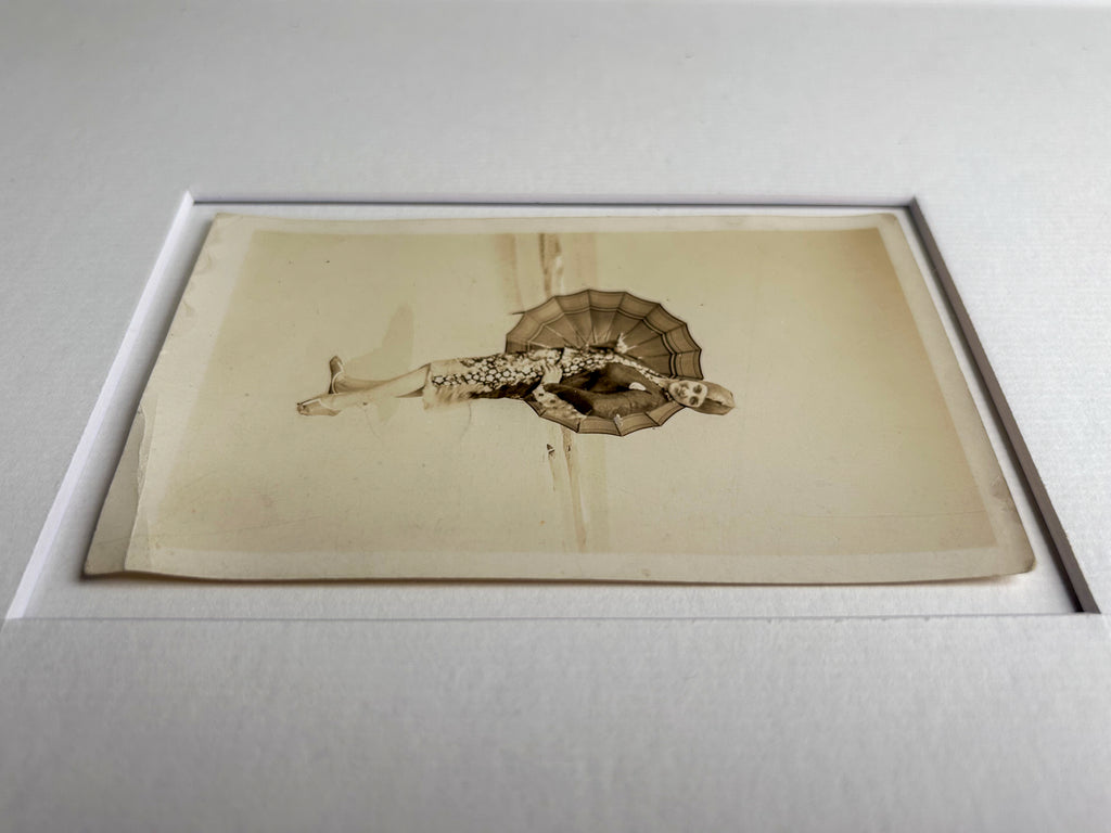 A friend when the sky cries - Vintage 1915 Sepia-Toned Photograph — Woman on Beach with Parasol — Handcrafted Frame & Custom Matte