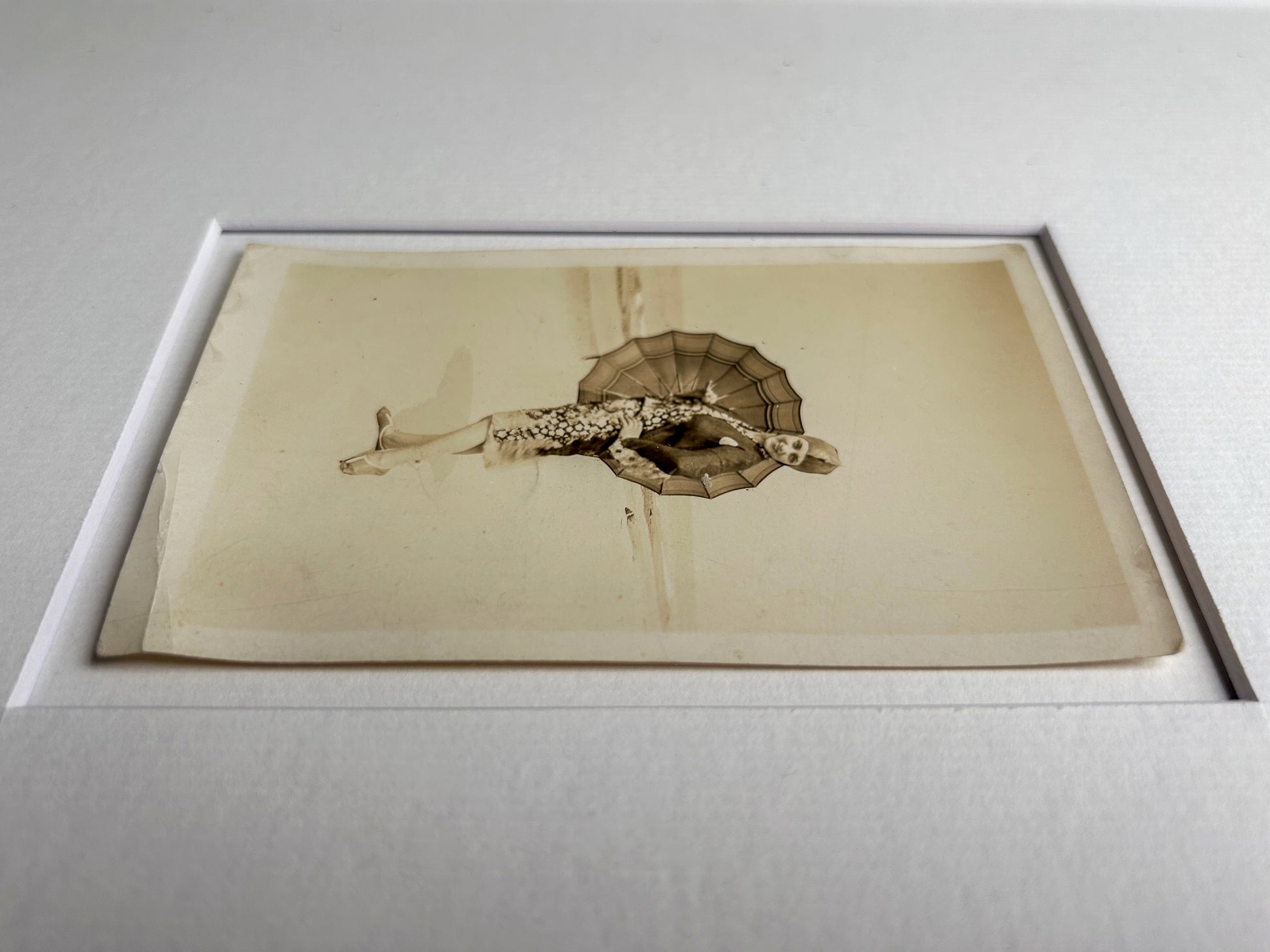 A friend when the sky cries - Vintage 1915 Sepia-Toned Photograph — Woman on Beach with Parasol — Handcrafted Frame & Custom Matte