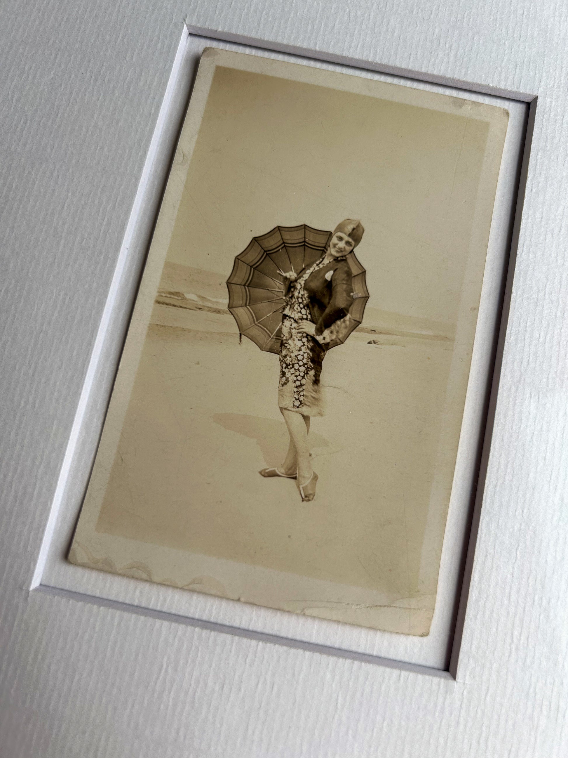 A friend when the sky cries - Vintage 1915 Sepia-Toned Photograph — Woman on Beach with Parasol — Handcrafted Frame & Custom Matte