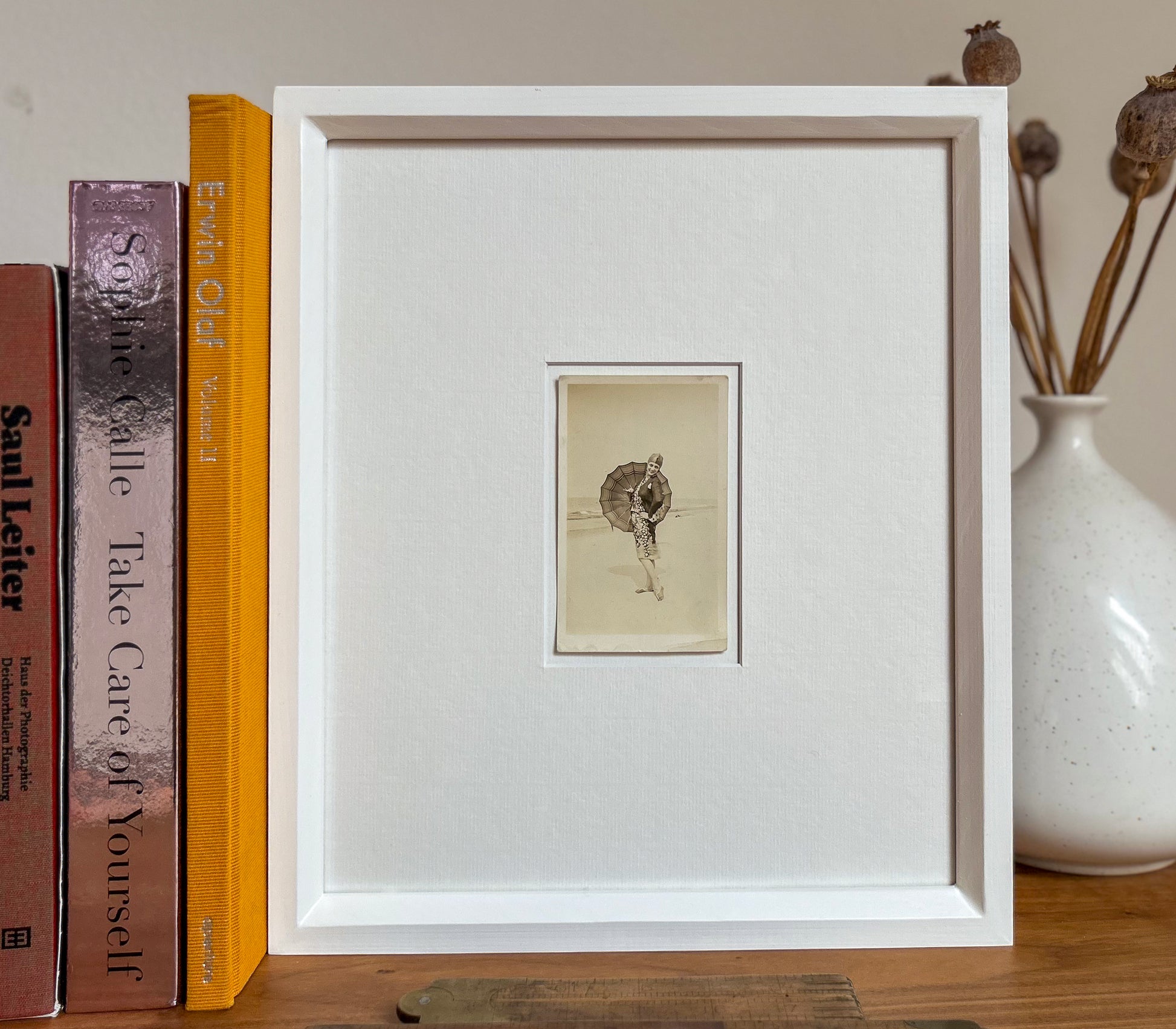 A friend when the sky cries - Vintage 1915 Sepia-Toned Photograph — Woman on Beach with Parasol — Handcrafted Frame & Custom Matte