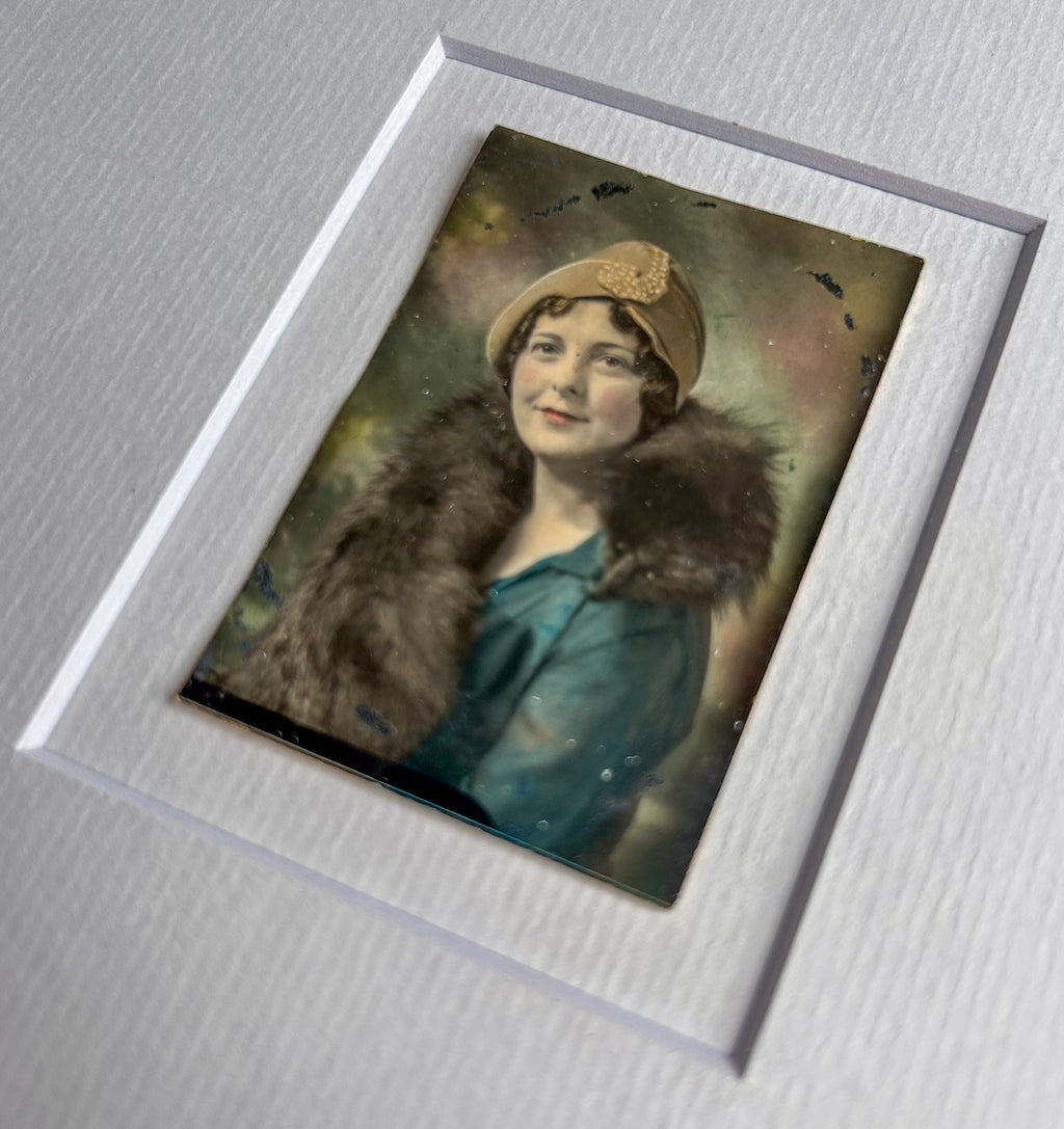 Beverly - Framed 1950s Hand-Colored Portrait – Vintage Woman in Hat & Fur Collar