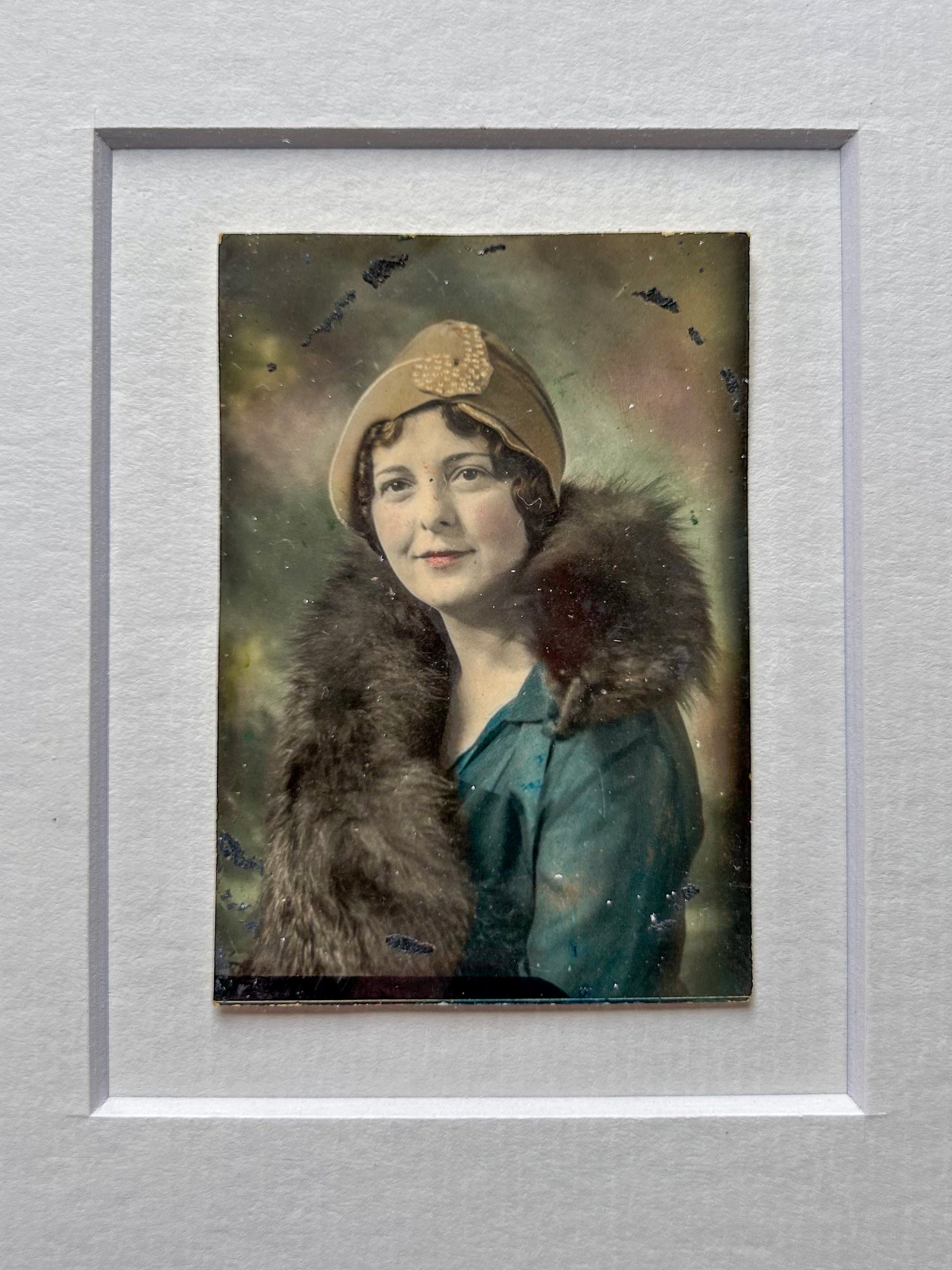 Beverly - Framed 1950s Hand-Colored Portrait – Vintage Woman in Hat & Fur Collar