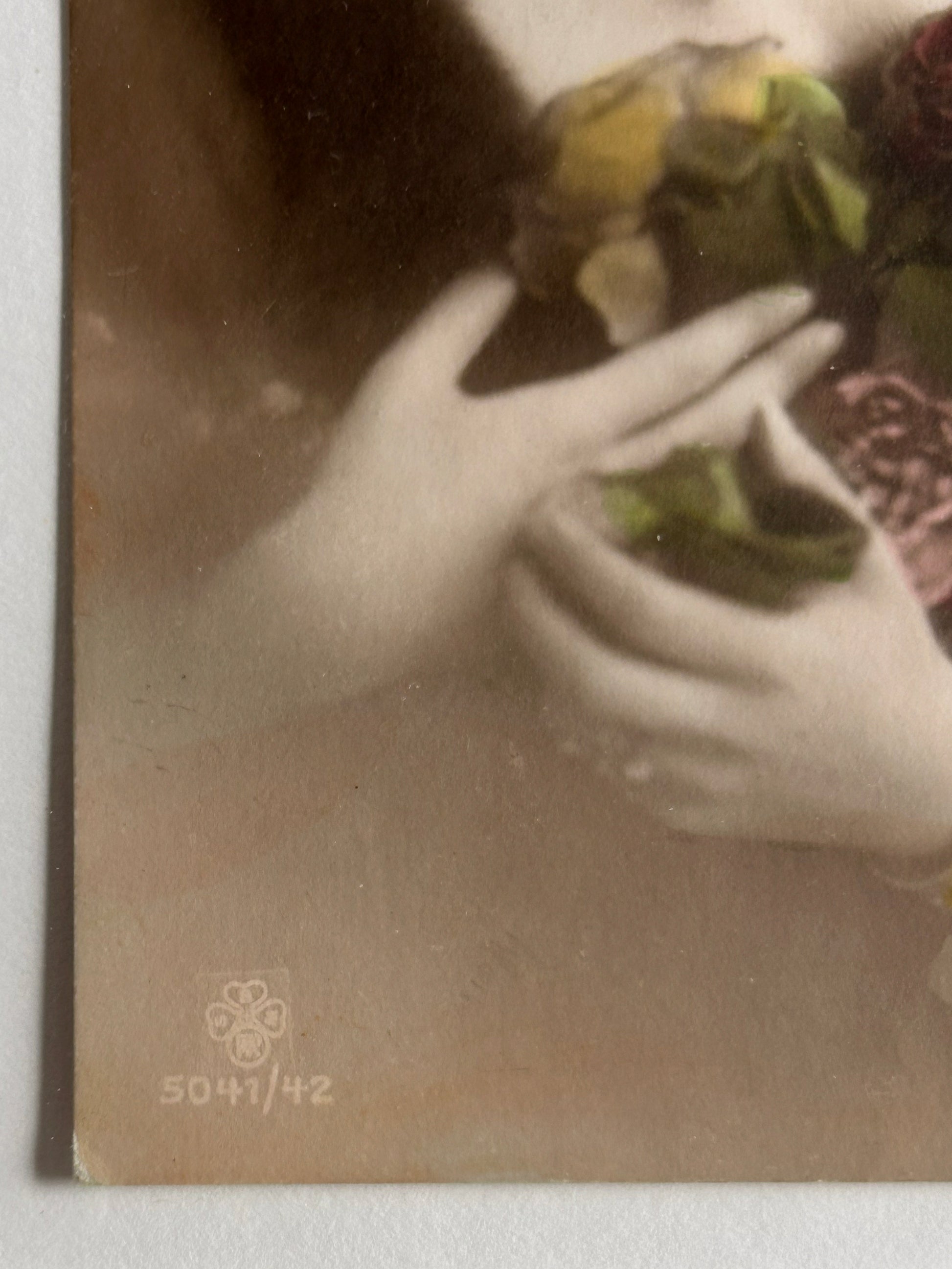 By any other name - Framed 1920s Hand-Colored Postcard with a Vintage soft portrait of a woman holding flowers Parisian Portrait in a handmade Merbau wood Frame