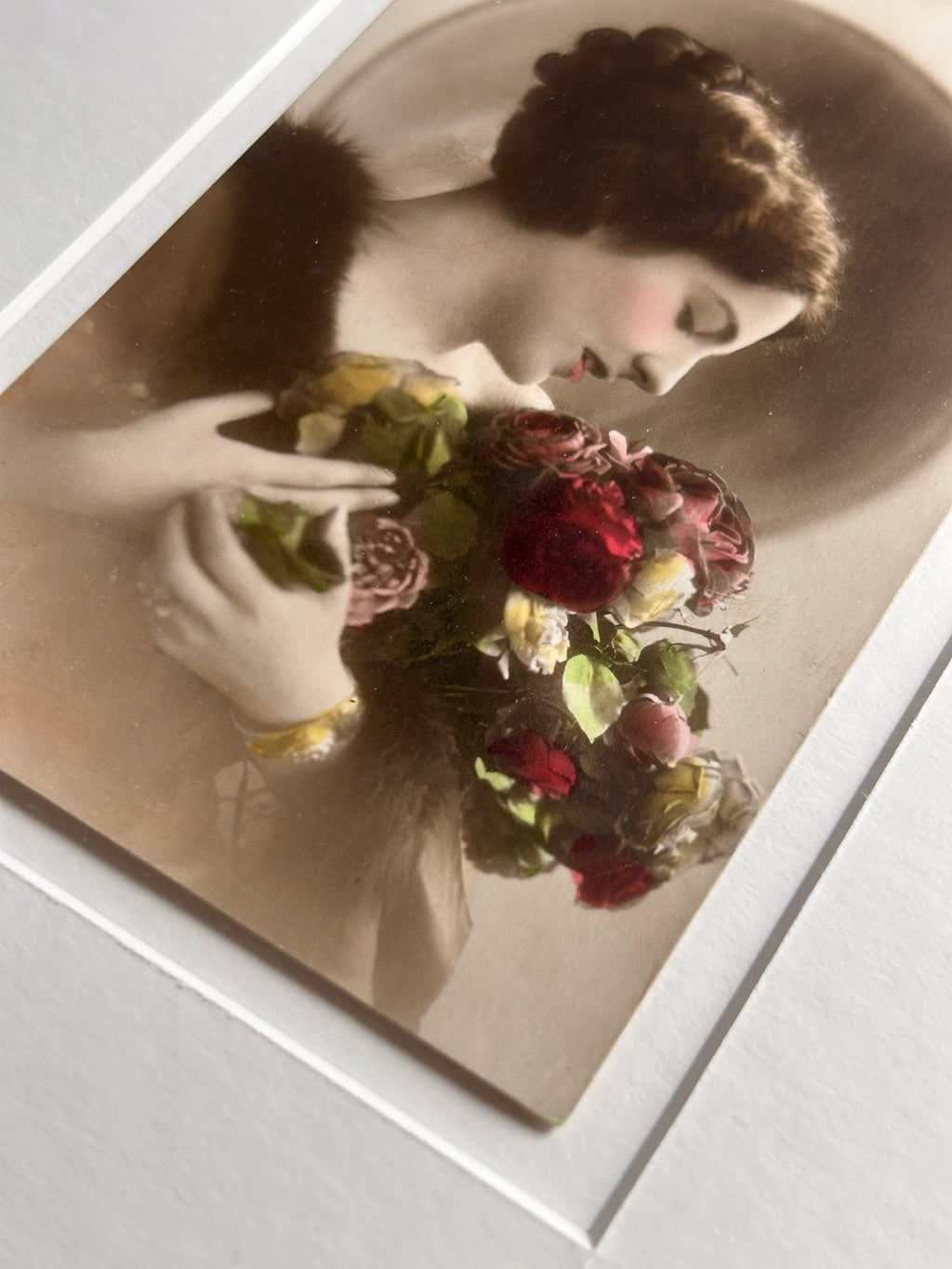 By any other name - Framed 1920s Hand-Colored Postcard with a Vintage soft portrait of a woman holding flowers Parisian Portrait in a handmade Merbau wood Frame