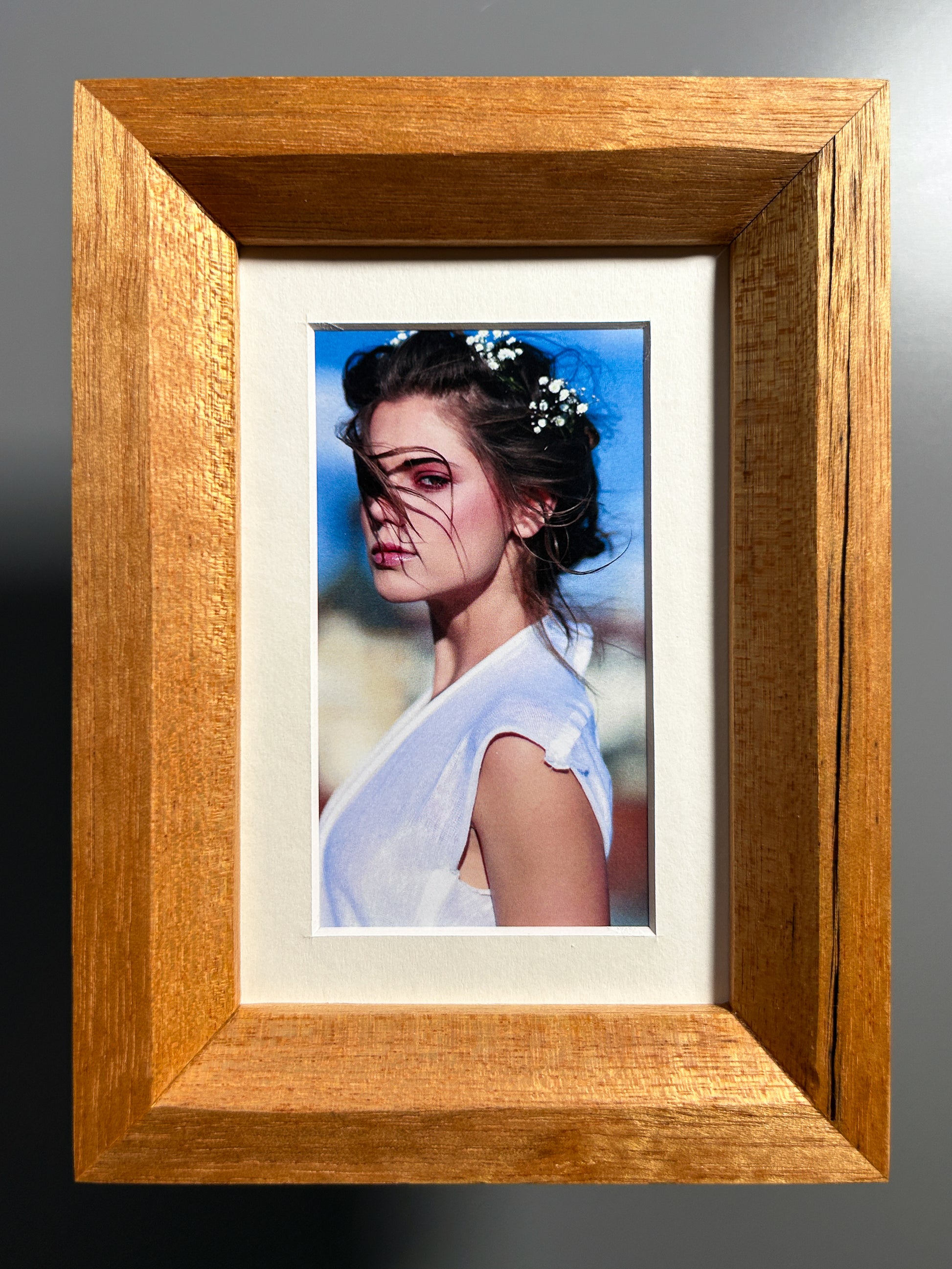 European made artisan photo frame with rich exotic birdseye maple wood tones 4x6 inches