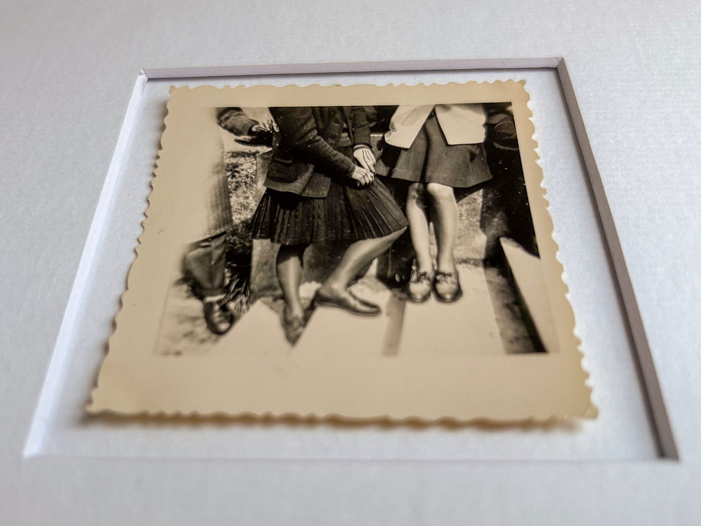 Hearing what isn't said - Framed vintage unique portrait photograph of a group of people on stairs in 1940's period clothing and shoes