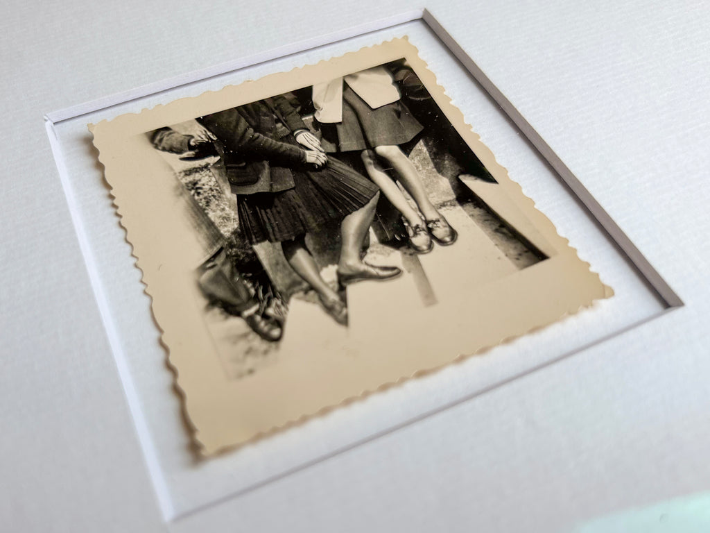 Hearing what isn't said - Framed vintage unique portrait photograph of a group of people on stairs in 1940's period clothing and shoes
