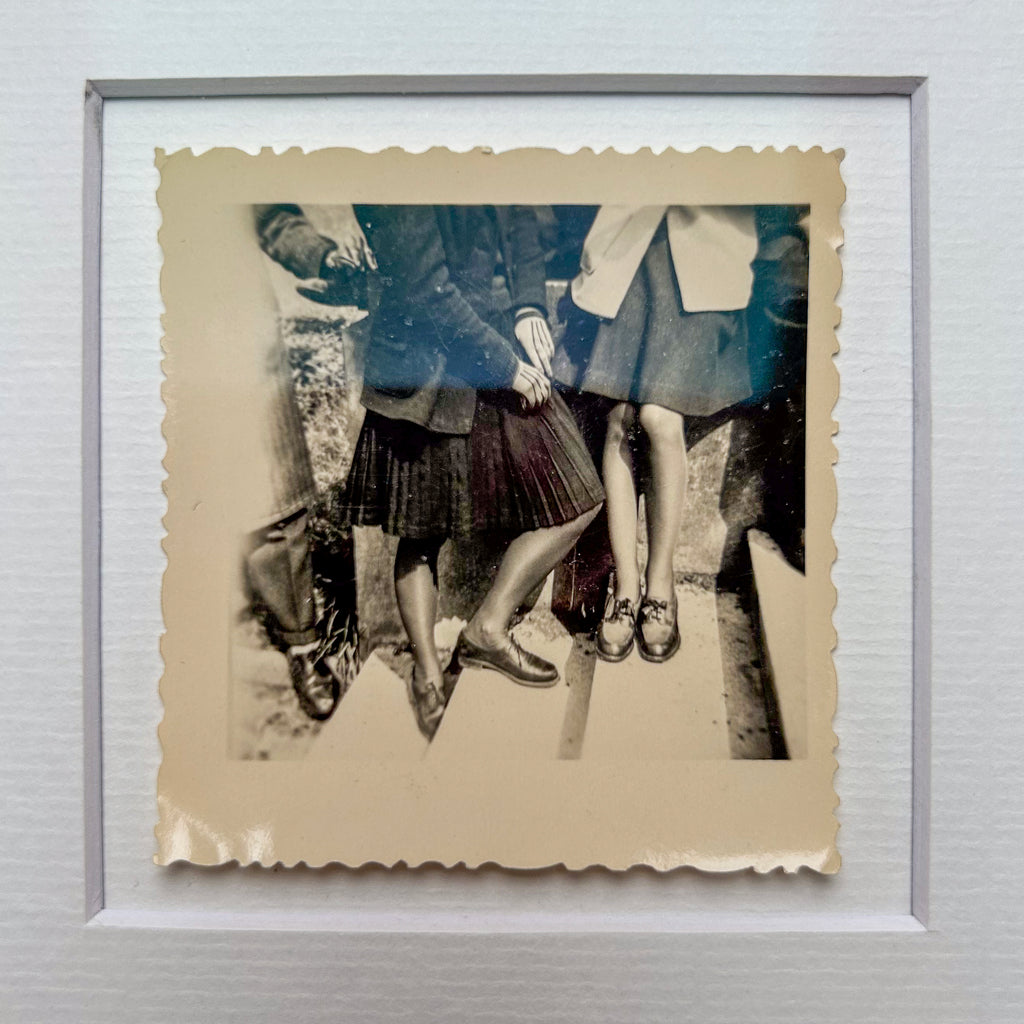 Hearing what isn't said - Framed vintage unique portrait photograph of a group of people on stairs in 1940's period clothing and shoes