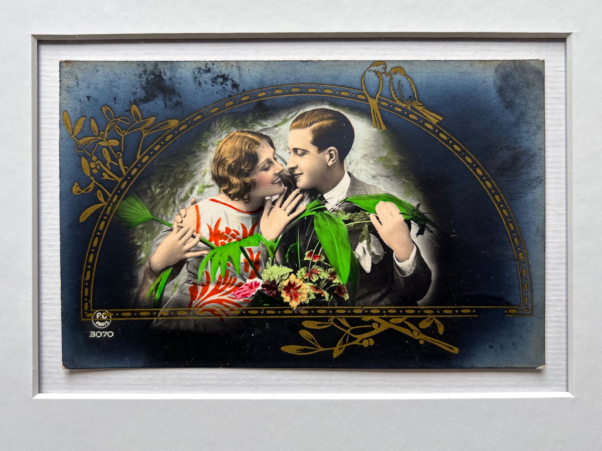 Keeping company - Framed 1930s Hand-Tinted Paris Photo Postcard by REX P.C of a couple embracing – Vintage Wall Art