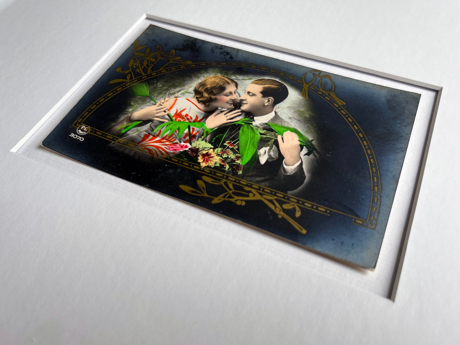 Keeping company - Framed 1930s Hand-Tinted Paris Photo Postcard by REX P.C of a couple embracing – Vintage Wall Art
