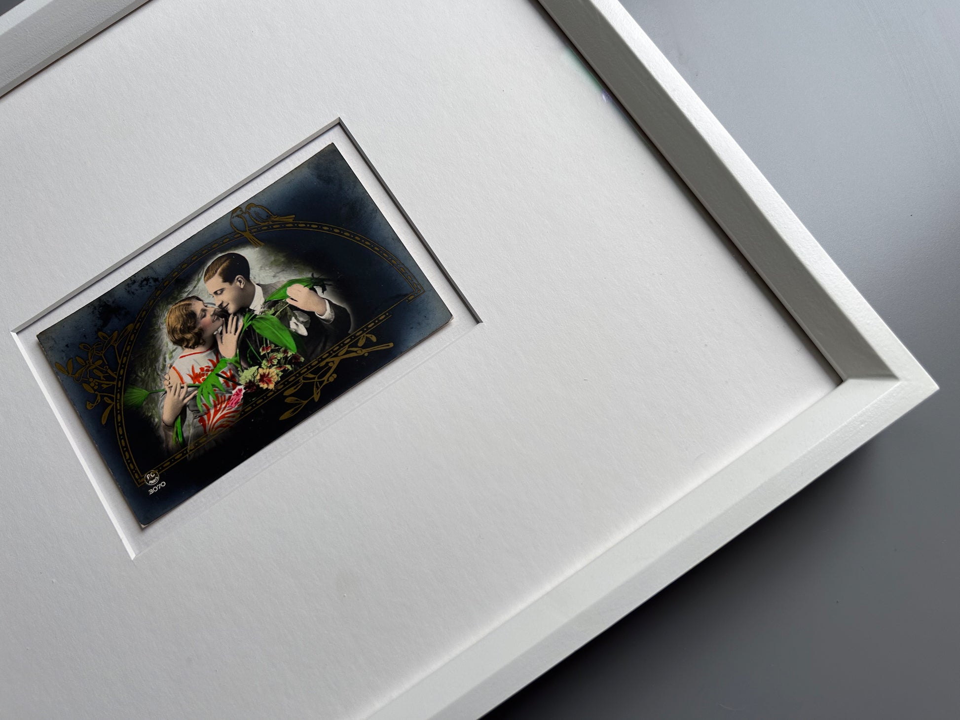 Keeping company - Framed 1930s Hand-Tinted Paris Photo Postcard by REX P.C of a couple embracing – Vintage Wall Art