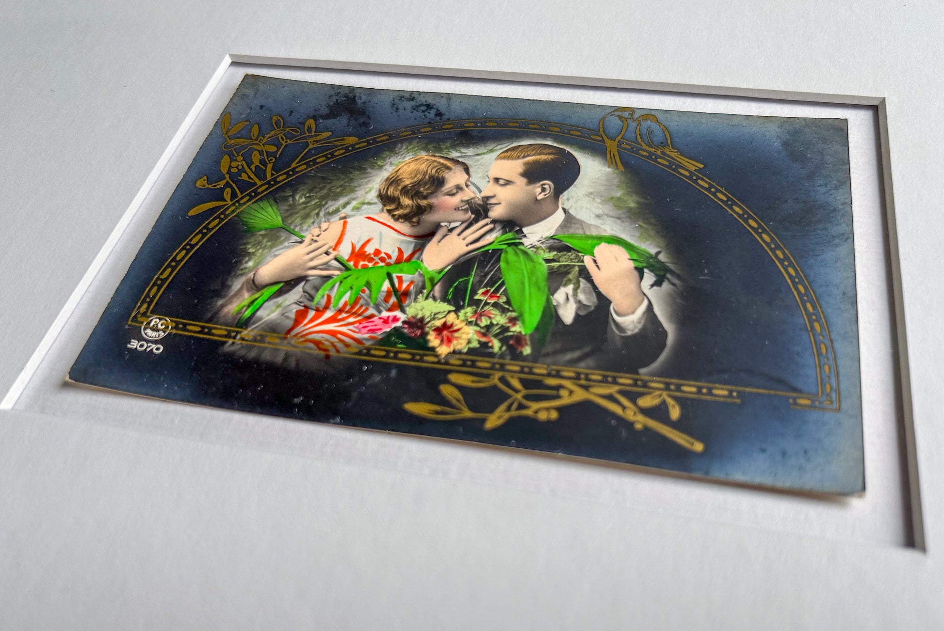 Keeping company - Framed 1930s Hand-Tinted Paris Photo Postcard by REX P.C of a couple embracing – Vintage Wall Art