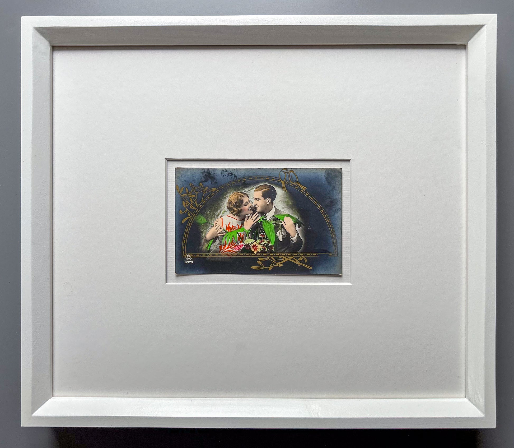 Keeping company - Framed 1930s Hand-Tinted Paris Photo Postcard by REX P.C of a couple embracing – Vintage Wall Art