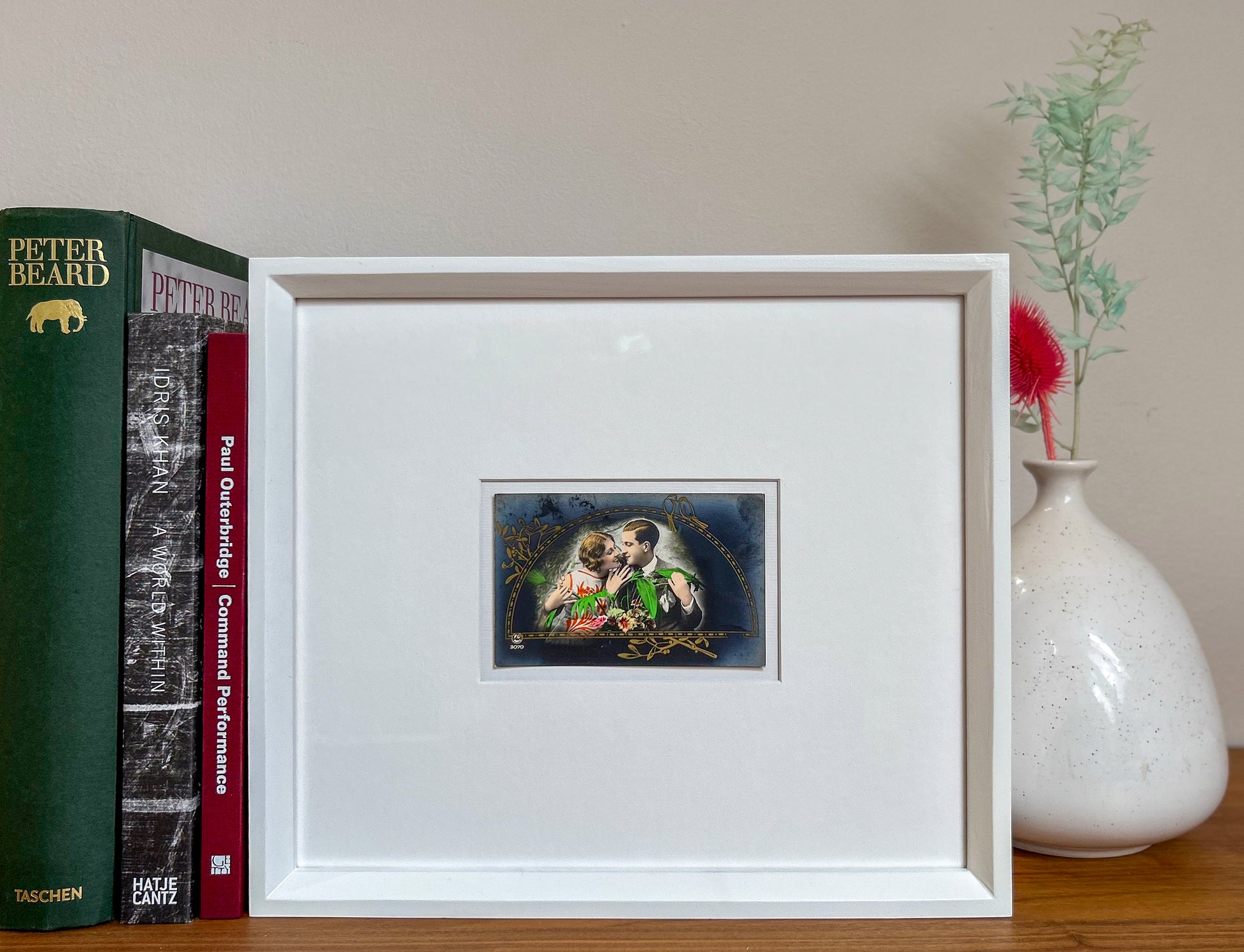 Keeping company - Framed 1930s Hand-Tinted Paris Photo Postcard by REX P.C of a couple embracing – Vintage Wall Art