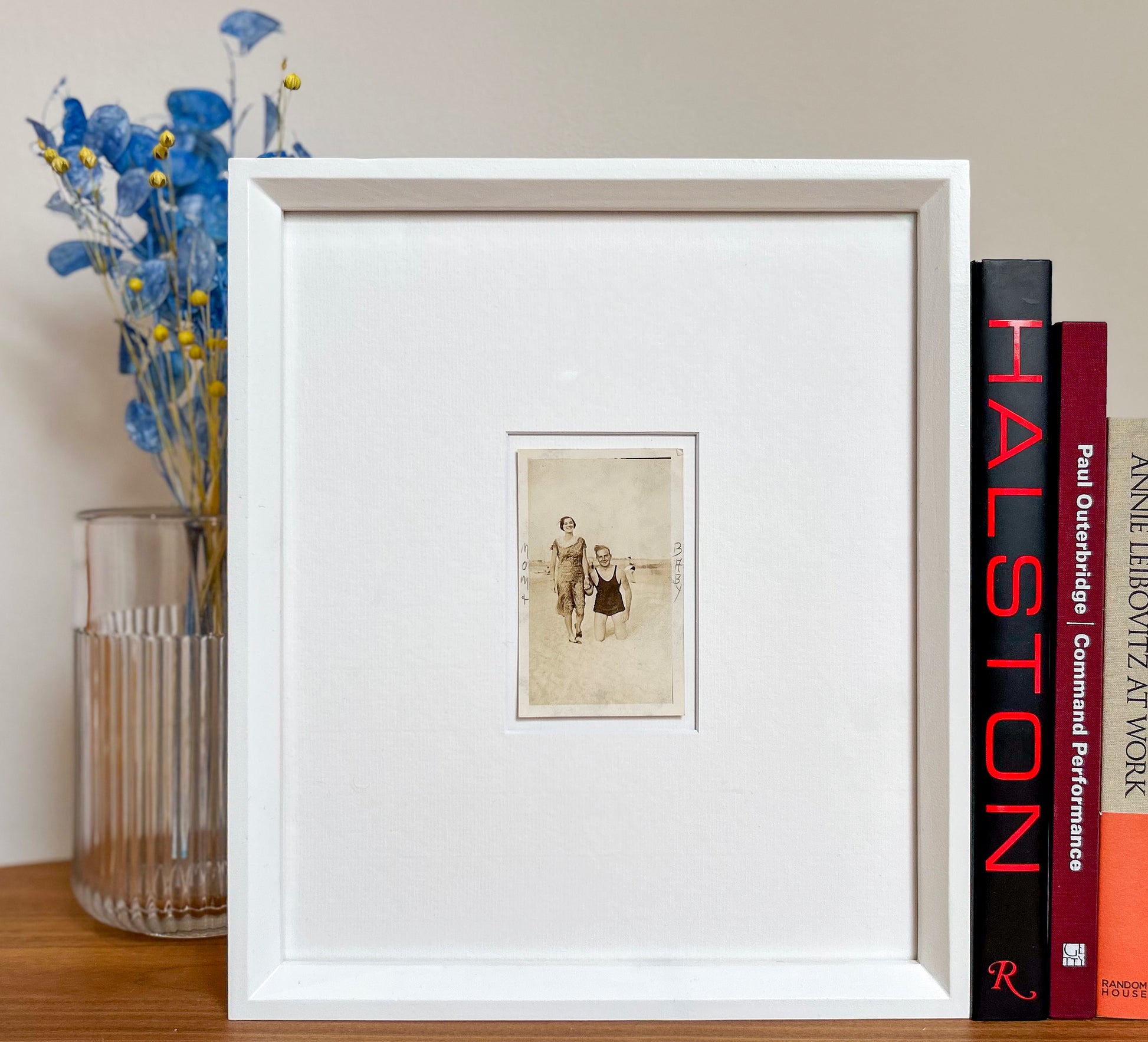 Mom + baby - Framed 1950s B&W "Mom + Baby" Photo featuring a standing woman and a man on his knees – Vintage Silver Gelatin Print in Custom Frame