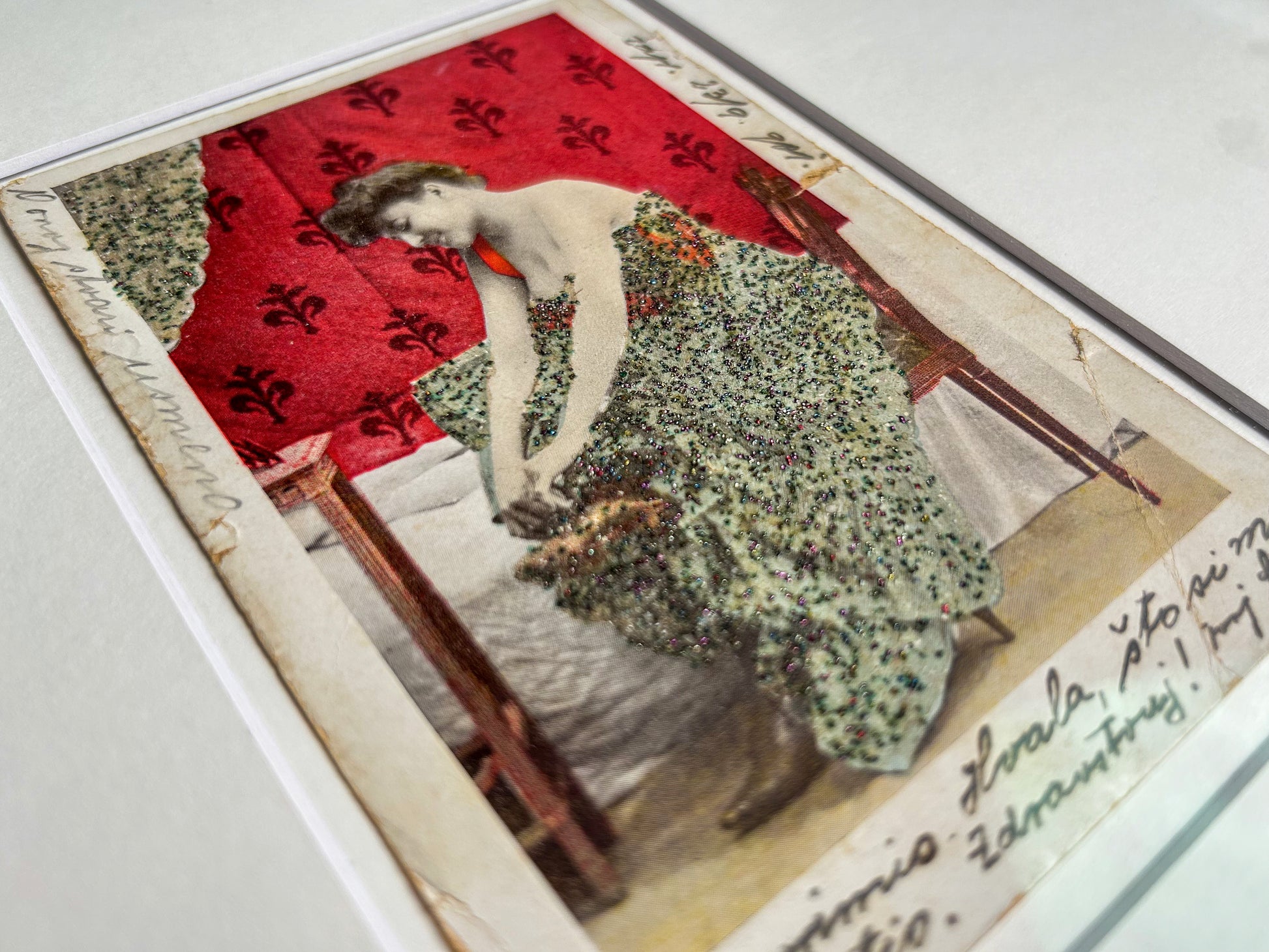 Showing off my inner sparkle - Rare Vintage Color Photographic Postcard with Glitter — a candid moment of a lady in a state of undress (or dressing) - Handcrafted Frame & Custom Matte — Circa 1910s–1920s
