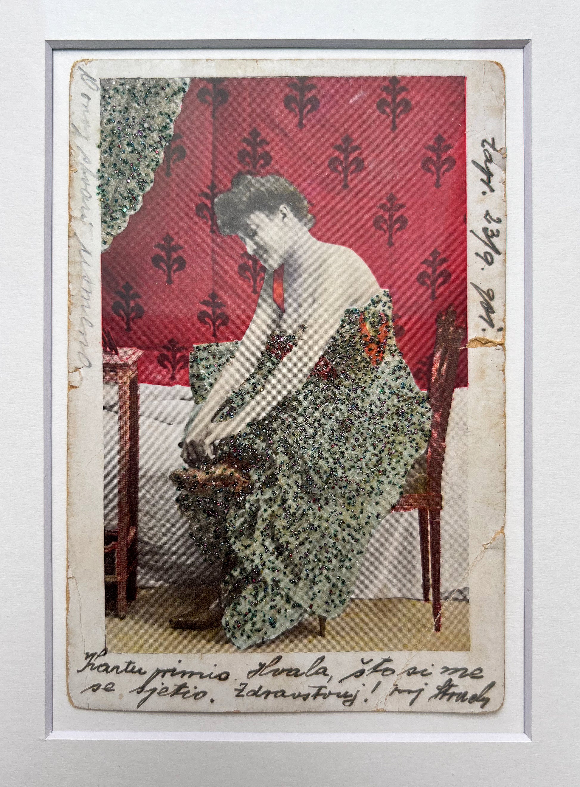 Showing off my inner sparkle - Rare Vintage Color Photographic Postcard with Glitter — a candid moment of a lady in a state of undress (or dressing) - Handcrafted Frame & Custom Matte — Circa 1910s–1920s