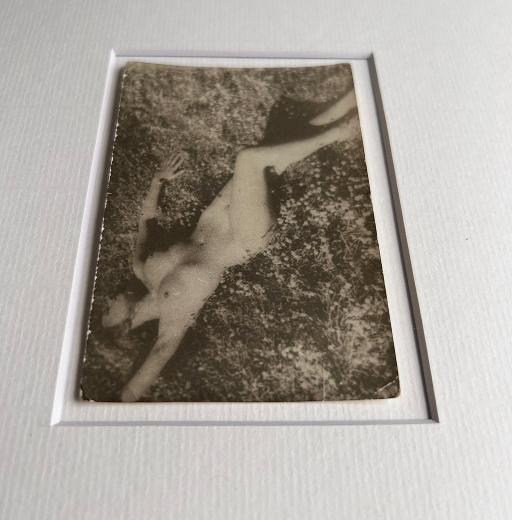 Unarmed - Framed Vintage Nude Photo – 1950s Outdoor Reclining Figure in Jatoba Wood
