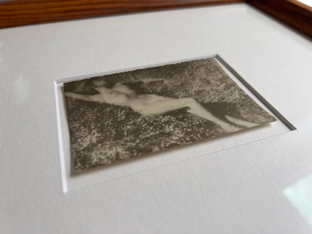 Unarmed - Framed Vintage Nude Photo – 1950s Outdoor Reclining Figure in Jatoba Wood