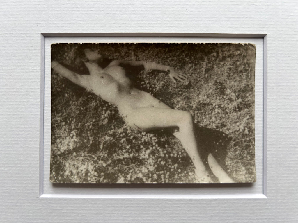 Unarmed - Framed Vintage Nude Photo – 1950s Outdoor Reclining Figure in Jatoba Wood