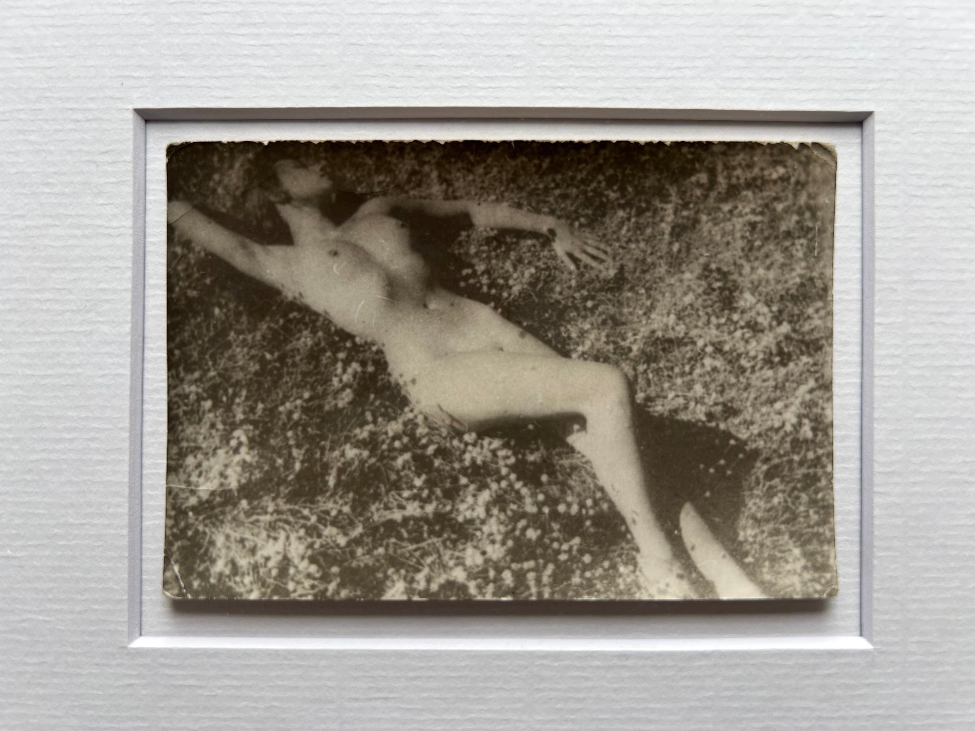 Unarmed - Framed Vintage Nude Photo – 1950s Outdoor Reclining Figure in Jatoba Wood